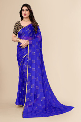 Prutha Fashions Printed Bollywood Chiffon Saree(Dark Blue)