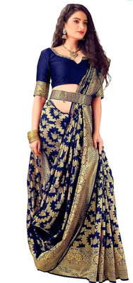 DEV SHREE SILK Printed Bollywood Jacquard Saree(Blue)