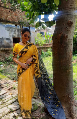 SP Boutique Embroidered Jamdani Cotton Silk Saree(Yellow, Grey)