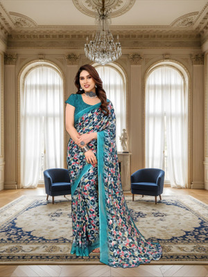SmittenSmit Printed Bollywood Georgette Saree(Multicolor)