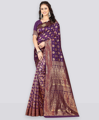 Samah Woven, Embellished, Self Design Banarasi Silk Blend, Jacquard Saree(Purple, Gold)