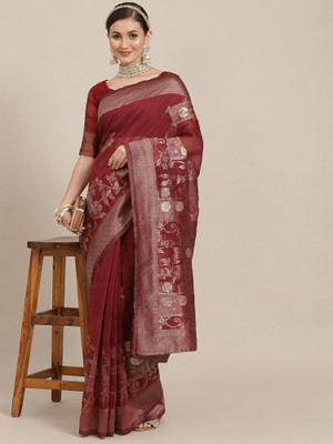 Sareemall Woven Chanderi Cotton Blend Saree(Blue)