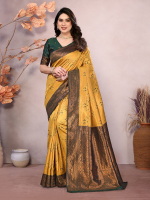 The Style Sanctuary Floral Print, Woven Banarasi Silk Blend Saree(Beige, Purple)