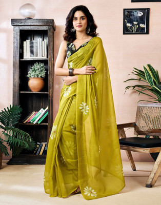 Samah Printed Bollywood Chanderi, Cotton Blend Saree(Green)