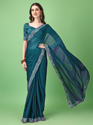 ANANT DESIGNER STUDIO Embroidered Lucknow Chikankari Satin Saree(Blue)
