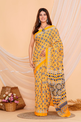 ABSOLUTE FASHION HUB Printed Saree with Attached Blouse Cotton Blend Saree(Yellow)