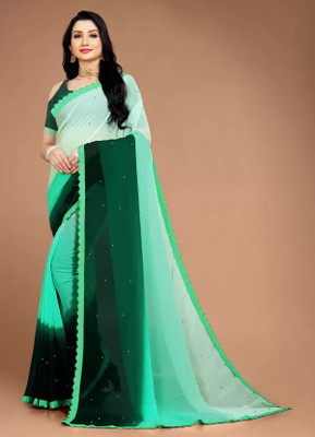 WOM BAB Embellished, Color Block, Dyed Bollywood Georgette Saree(Green)