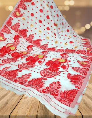 Kanokanjoli Printed Jamdani Handloom Cotton Blend Saree(Red, White)