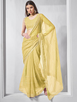 Kalista Embroidered Bollywood Chiffon Saree(Yellow)
