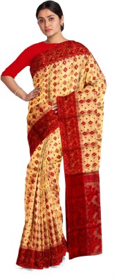 City and Country Woven Jamdani Pure Cotton Saree(Cream, Red)