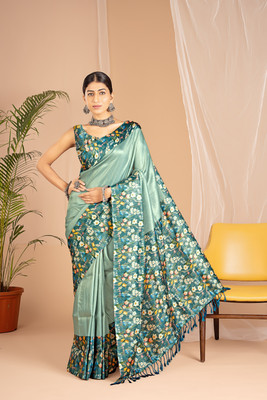 WISHLIST Digital Print Banarasi Silk Blend Saree(Green)