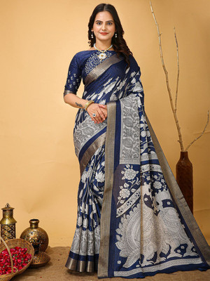 Anouk Rustic Printed Chinnalapattu Cotton Blend Saree(Dark Blue)