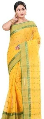 Sthaker Printed Handloom Cotton Blend Saree(Yellow)