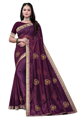 Pemal Designer Embroidered Bollywood Silk Blend Saree(Purple)