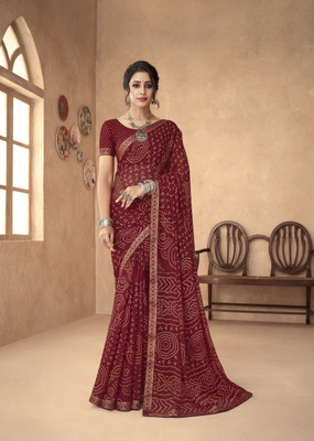 Divastri Floral Print, Geometric Print, Digital Print, Printed Bandhani Chiffon Saree(Maroon)