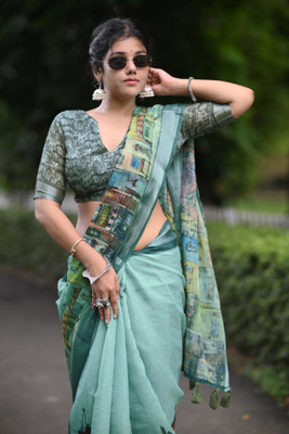 MIRCHI FASHION Printed, Geometric Print Daily Wear Cotton Blend Saree(Light Green, Dark Green, Multicolor)