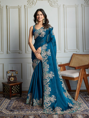 House of Pataudi Embroidered Saree with Attached Blouse Tissue Saree(Blue)
