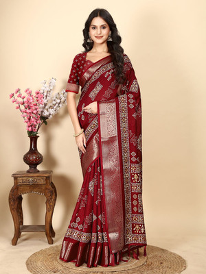 HouseOfCommon Applique Assam Silk Art Silk Saree(Maroon)