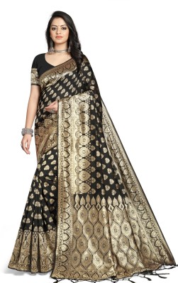 silk house Woven Kanjivaram Jacquard, Silk Blend Saree(Black)