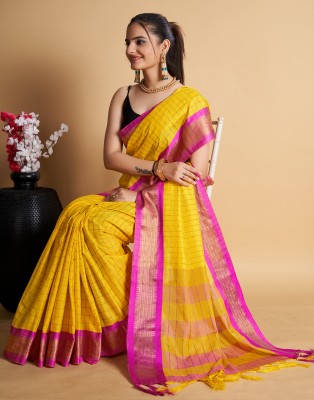 Divastri Woven, Embellished, Self Design Banarasi Cotton Silk Saree(Yellow, Pink, Gold)