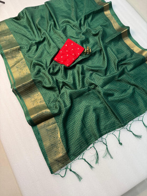 Lyrox Fashion Checkered, Self Design, Woven Daily Wear Art Silk Saree(Dark Green)