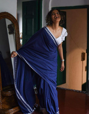 Shri Boutique Solid/Plain Handloom Cotton Blend Saree(Blue)
