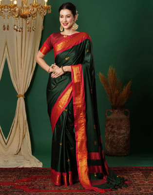 ARMEIDA Woven, Checkered Banarasi Cotton Silk Saree(Dark Green)
