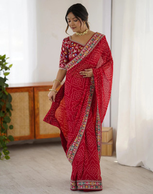 Satrani Printed, Embellished, Embroidered Bandhani Georgette Saree(Red)