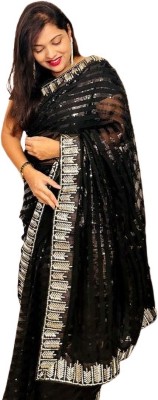 zili Striped, Embroidered Bollywood Georgette Saree(Black)