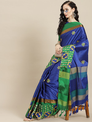 SERONA FABRICS Embroidered Bollywood Cotton Silk Saree(Blue, Green)