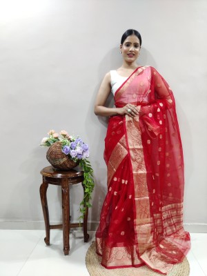 KRIYANSH Embroidered, Self Design, Woven, Printed, Temple Border, Striped Bollywood Jacquard, Organza Saree(Red)