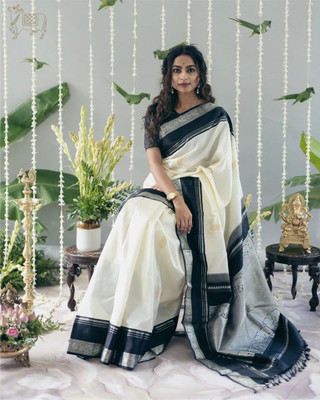 Begum Collection Self Design Kanjivaram Art Silk Saree(White)