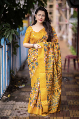 Divastri Printed Bollywood Silk Blend Saree(Yellow)