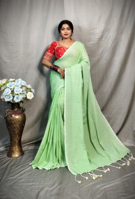 HouseOfCommon Solid/Plain Handloom Pure Cotton Saree(Light Green)