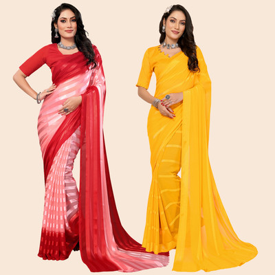 Anand Sarees Embellished Bollywood Satin Saree(Pack of 2, Pink, Red, Yellow)