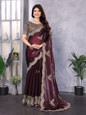 RHEY Embellished, Embroidered Bollywood Jimmy choo, Chiffon Saree(Maroon)