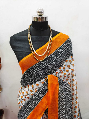 Saaransh Woven, Graphic Print, Digital Print Kanjivaram Linen, Cotton Silk Saree(White)