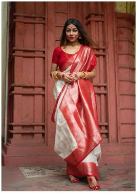 vansh fashion hub Woven, Self Design Bollywood Jacquard Saree(White, Red)