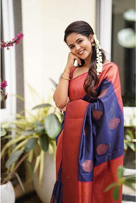 VRIYUDI Woven, Self Design, Striped Kanjivaram Pure Silk, Art Silk Saree(Blue)