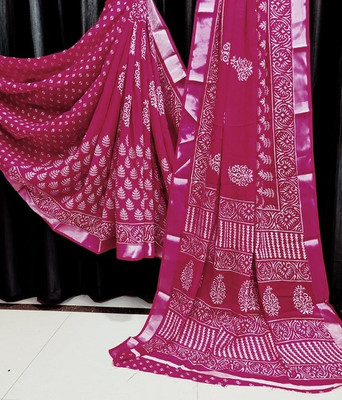 Suto Printed, Floral Print Bandhani Linen Saree(Pink)
