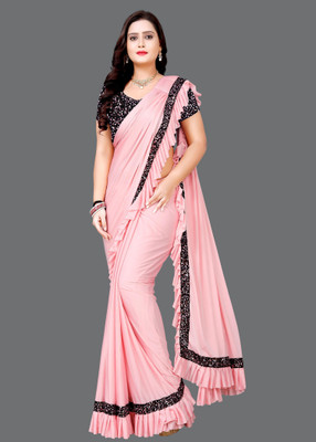 HouseOfCommon Solid/Plain Bollywood Lycra Blend Saree(Pink)