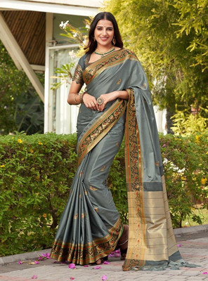 SGF11 Self Design Handloom Pure Silk Saree(Grey)