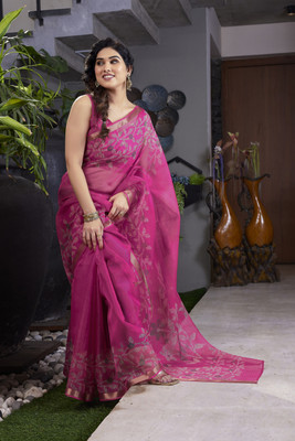MIRCHI FASHION Printed, Floral Print Kota Doria Polyester Saree(Pink, Cream)