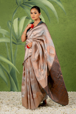 SUBHAM Woven, Embellished Kanjivaram Silk Blend Saree(Grey)