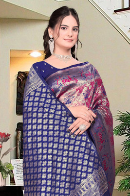 HouseOfCommon Woven, Self Design Kanjivaram Pure Silk, Silk Blend Saree(Magenta, Multicolor)