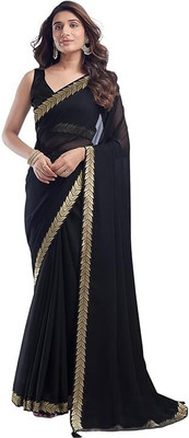 STYLEVEDA Solid/Plain Bollywood Georgette Saree(Black)
