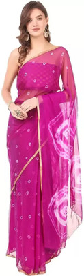 Sudarshana Geometric Print Bandhani Chiffon Saree(Magenta)