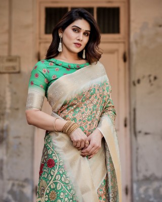 maharani couture Digital Print Kalamkari Silk Blend Saree(Green)