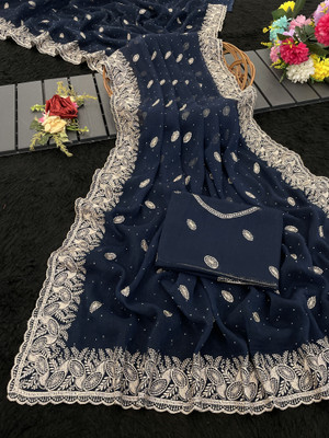 Mikhushop Embroidered Bollywood Organza Saree(Dark Blue)