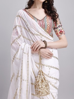 Western Gallary Embroidered Banarasi Georgette Saree(White)